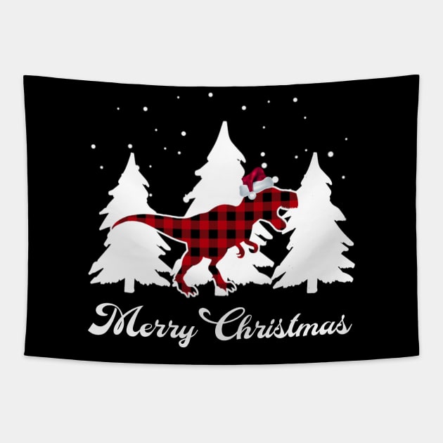 Merry Christmas Buffalo Plaid Dinosaur Santa T rex Pajama Tapestry by Sincu