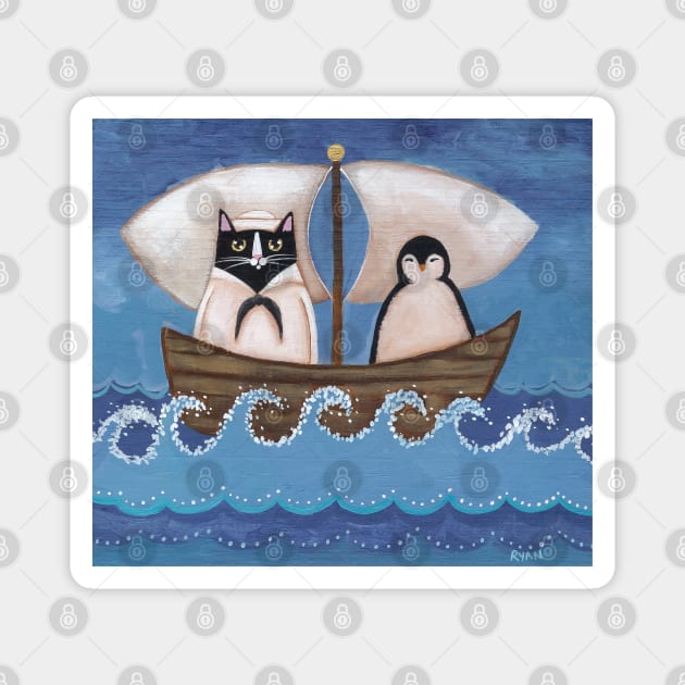 The Sailor Cat and Penguin Magnet by KilkennyCat Art