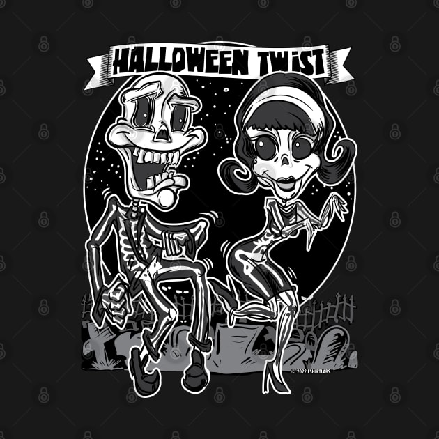 Skeletons dancing in the cemetery doing the Halloween Twist by eShirtLabs