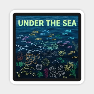under the sea,blue sea,sea creatures,Turtle, puffer fish, starfish, shrimp, shark, tropical fish, sea horse, seaweed, sardines, squid, crabs, clams Magnet