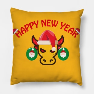 Christmas illustration depicting a bull and Christmas tree decorations on his horns Pillow