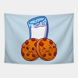 Cute Cookies With Milk Cartoon Tapestry