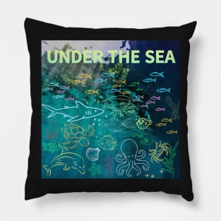 under the sea,blue sea,sea creatures,Turtle, puffer fish, starfish, shrimp, shark, tropical fish, sea horse, seaweed, sardines, squid, crabs, clams Pillow