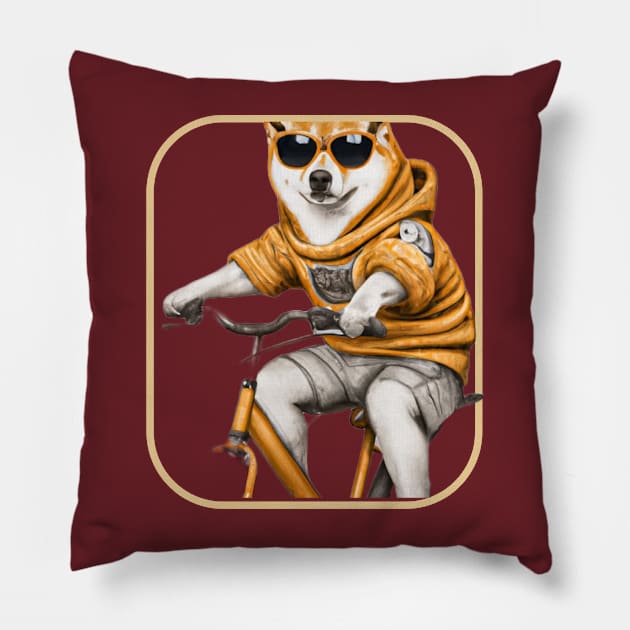 Shiba Inu wearing a hoodie riding a bike and wearing sunglasses Pillow by Apparels2022