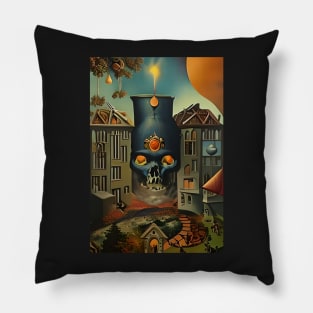 Surrealist painting like digital art of a Skull Cauldron and a village in abstract style Pillow