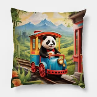 Adorable Panda Train Ride AI Art Pillow