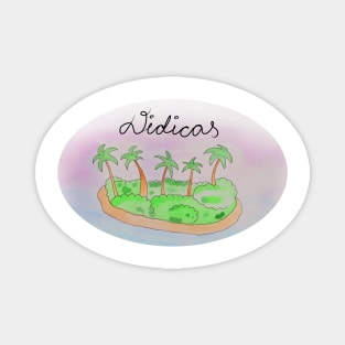 Didicas watercolor Island travel, beach, sea and palm trees. Holidays and vacation, summer and relaxation Magnet