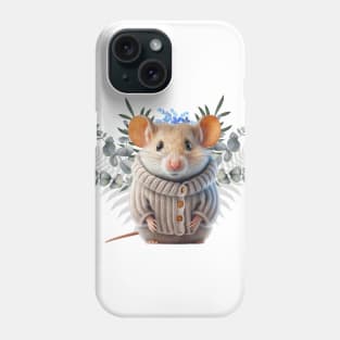 Adorable cute little mouse in a wool sweater - beautiful flowers and leaves Phone Case