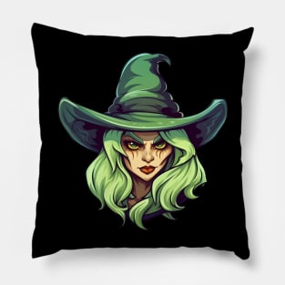 Green witch face with green hair and hat Pillow