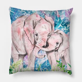 baby elephant with his mama in the forest Pillow