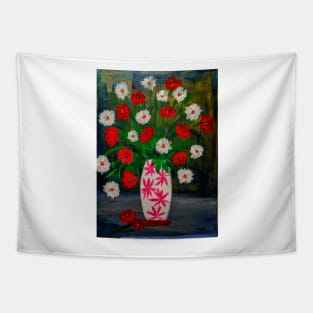 Poppies and daisy's in a white vase with pink stars Tapestry