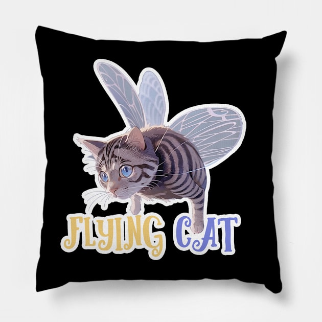 Butterfly cat funny flying cat with wings Pillow by LycheeDesign