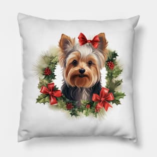 Christmas Yorkshire Terrier Dog Wreath Pillow