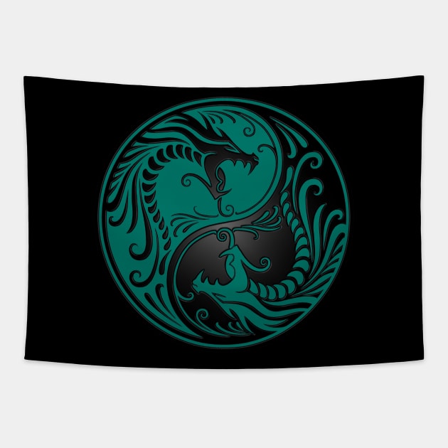 Teal Blue and Black Yin Yang Dragons Tapestry by jeffbartels