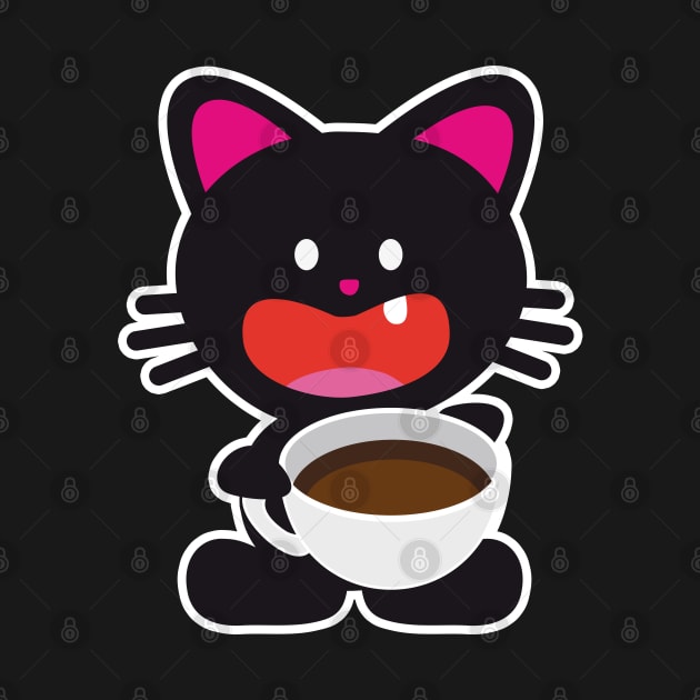 One Tooth Black Cat with Coffee by HappyGiftArt