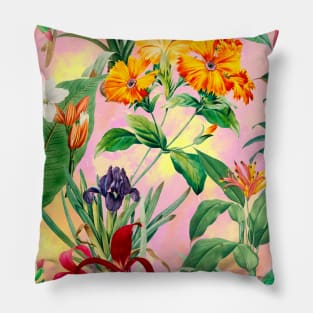 Colorful tropical floral leaves botanical illustration, tropical plants,leaves and flowers, pink leaves pattern Pillow