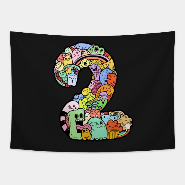 Number 2 two - Funny and Colorful Cute Monster Creatures Tapestry by funwithletters