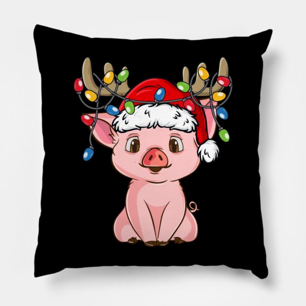 Pig With Santa Hat Reindeer Antlers Christmas Lights Pillow by Kimko