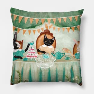 Cats and Rabbit Tea Party Pillow