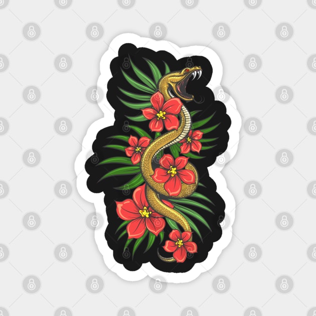 Crawling Snake with flowers and grass Leaves. Magnet by devaleta