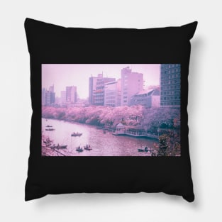 Vaporwave 80s Anime Vibes on a river in Tokyo Japan. Beautiful pink art Pillow