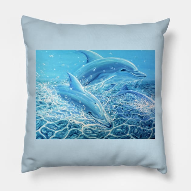 Dolphins Jumping Out Of Water Oil Painting Pillow by SPACE ART & NATURE SHIRTS 