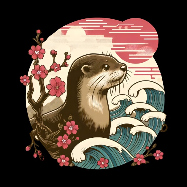 Aquatic Animal Vintage Sunset Art Floral Japanese Otter by Willie Biz Merch