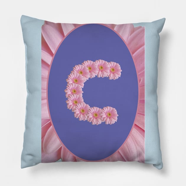 Floral Letter C Pink Gerbera Daisy Monogram Pillow by ellenhenryart