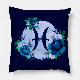 Pisces Zodiac Horoscope Blue Floral Monogram Pillow