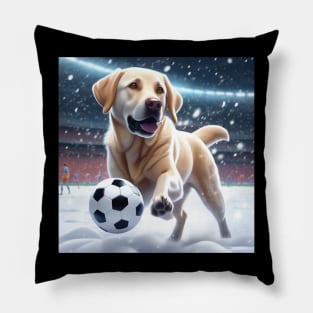 A Labrador Dog Playing Soccer/Football In The Snow Pillow