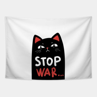 Stop war banner, poster, flyer, card, print design with grumpy black cat Tapestry