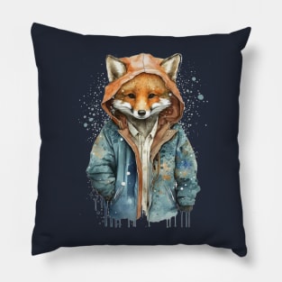 Fox watercolor wearing jacket Pillow