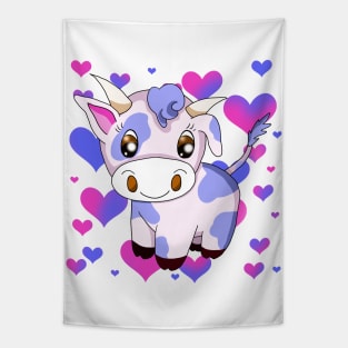 pink kawaii cow with hearts Tapestry