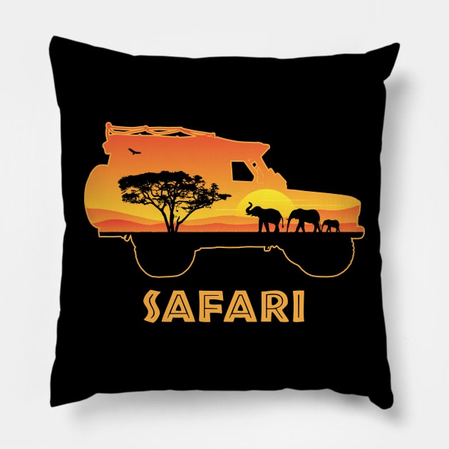 African Safari Vehicle 4x4 Sticker | Vintage Sunset | Elephant Family | Acacia Tree Pillow by BraaiNinja