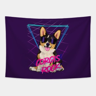 Corgis rock - Tri-color corgi with sunglasses and 80s background Tapestry