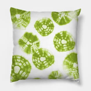 Shibori Kumo tie dye lime green dots over white Pillow