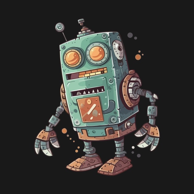 Robot, Silly Cartoon Green And Brown Robot Illustration by ORENOB