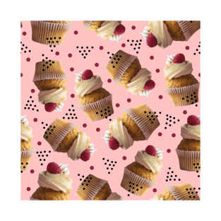 Whipped Cream Cupcakes with Raspberry Pattern on Pink Background T-Shirt