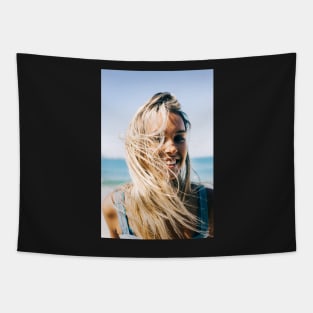 Young Pretty Blond Girl - Beach Portrait on Windy Morning Tapestry