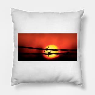 Kansas Sunset with the Sun and a barbwire silhouette. Pillow