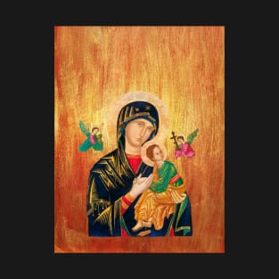 Our Lady of Perpetual Help in Golden-Cooper Wood Background T-Shirt