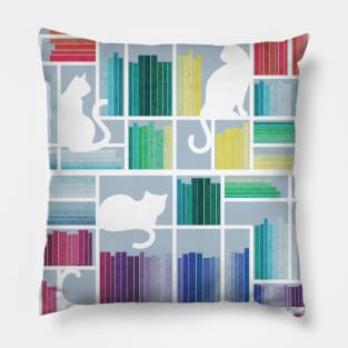 Rainbow bookshelf // pastel blue background white shelf and library cats Pillow