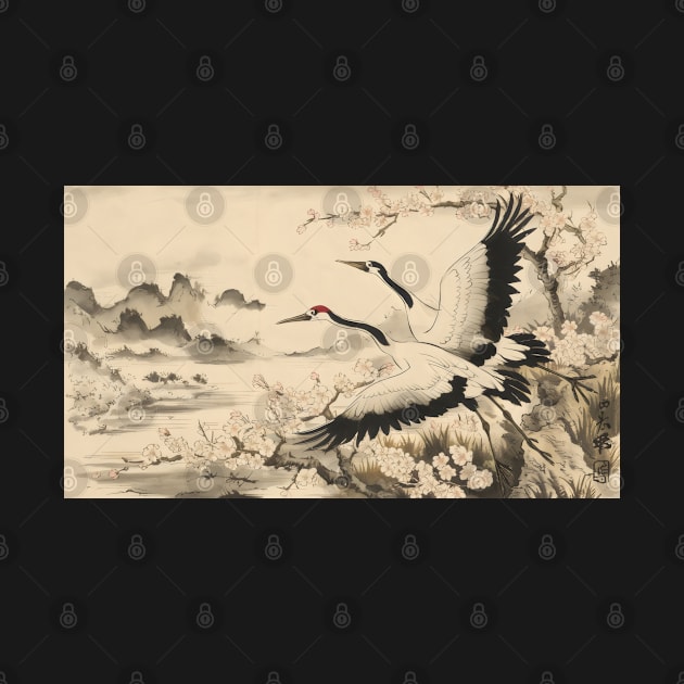 Crane birds - traditional japanese sumi e art by Ravenglow