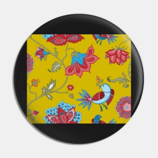 Exotic chintz with bird - mustard yellow / multicolour Pin