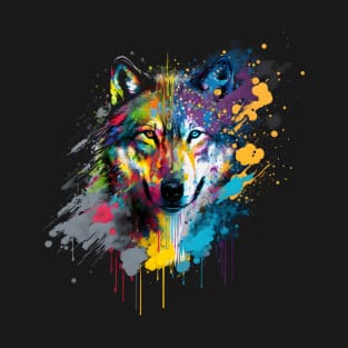 Wolf Abstract Artwork, Vibrant, Paint Splatter T-Shirt