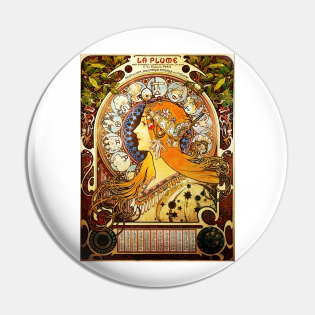La Plume Zodiac Calendar Alphonse Mucha Art Nouveau Vintage Pin by vintageposters
