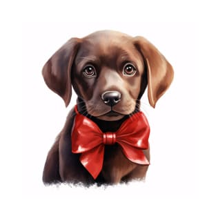 Cute Adorable Chocolate Labrador Retriever Puppy Dog Wearing a Red Bow Tie T-Shirt