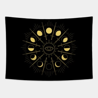 Sun Sword and Moon Phases Yellow Tapestry