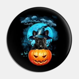 French Bulldog Witch Hat Pumpkin And Blue Moon Halloween Pin