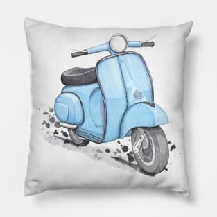 Classic blue vintage scooter. White background. Pillow